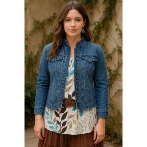 DressBarn Medium Front Hook & Eye Long Sleeve Ruffled Denim Blue Jean Jacket